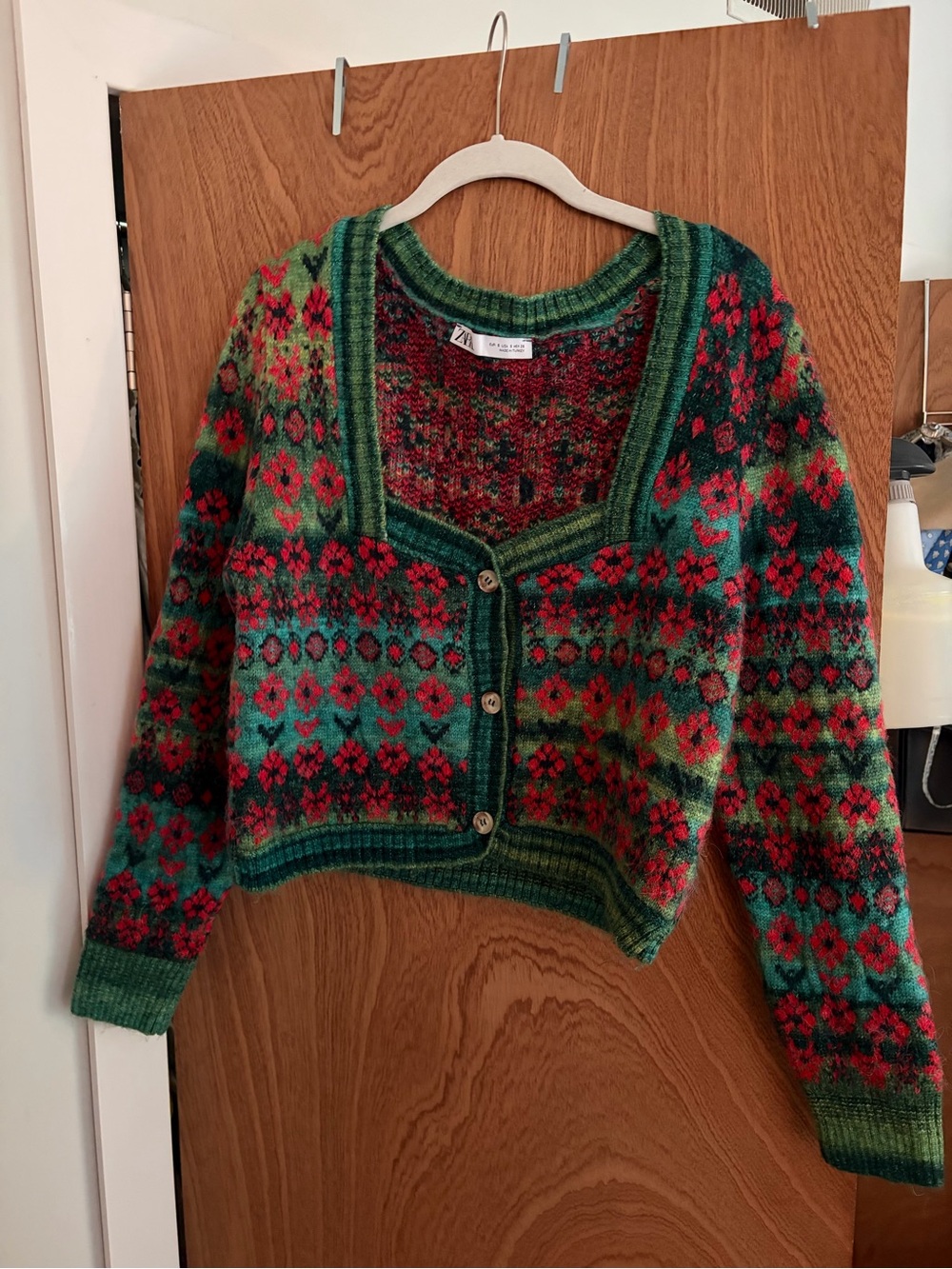 Zara Green and Red Fair Isle Knit Cardigan